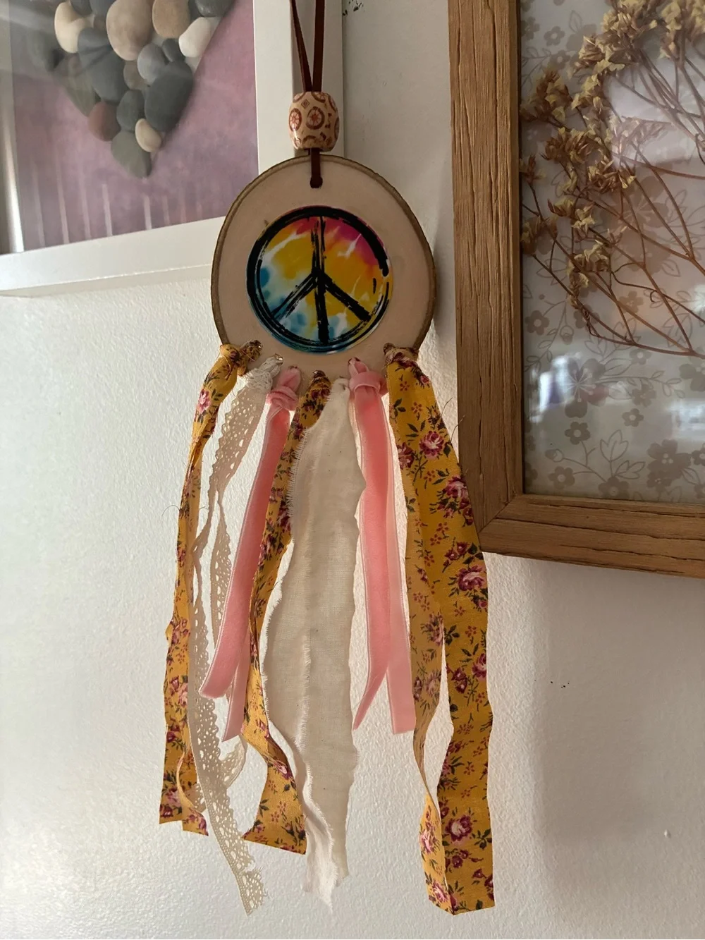 Handmade Boho Yellow & Pink Peace Sign Hanging Wall Décor